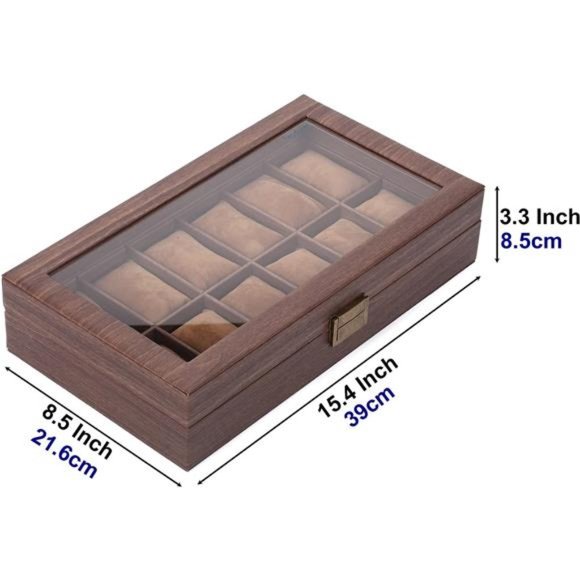 12 Slot PU Leather Watch Box Organizer Watch Case w/ Glass Top Luxury Watches - Picture 2 of 6